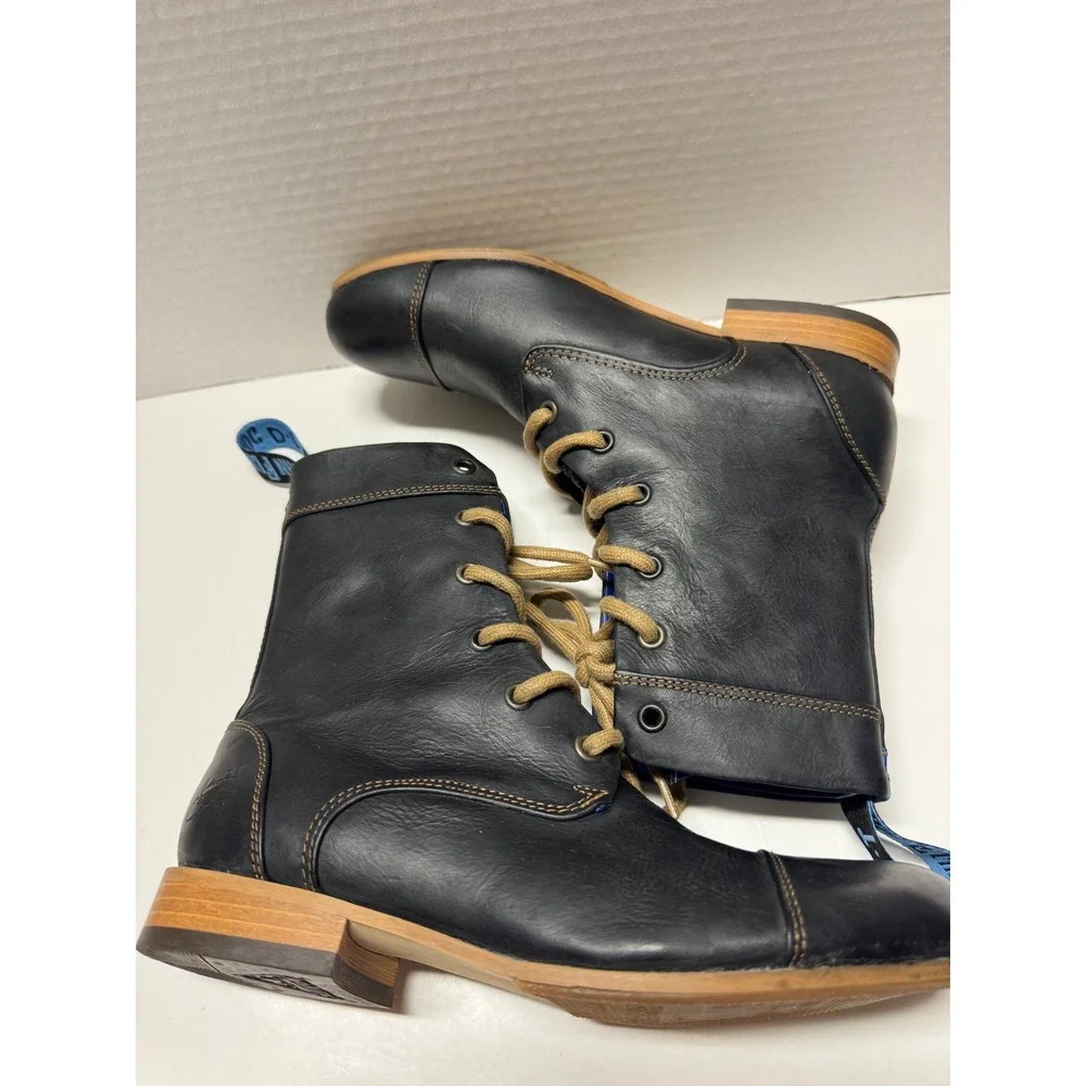 John Fluevog Radio CBC Black Leather Lace Up Cap Toe Boots Blue Lining‎ Mens 7